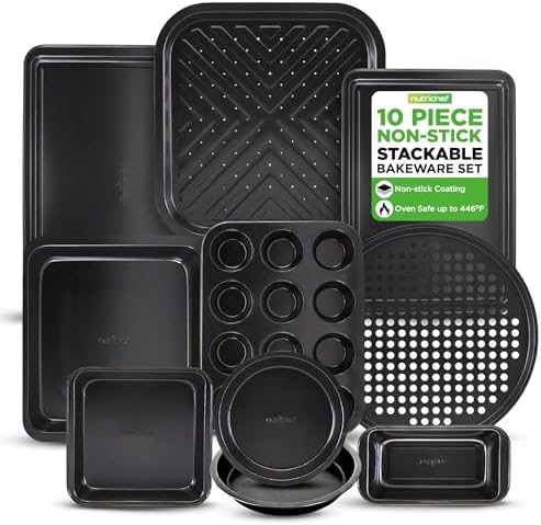 10-Piece Nonstick Bakeware Set - PFOA PFOS PTFE Free Food Grade Safe Carbon Steel Baking Tray Set - Oven Safe Up to 446°F, Pizza, Loaf, Muffin, Round/Square Pans, Cookie Sheet, Etc - NutriChef NCBS10S by NutriChef%E2%84%A2Kitchen