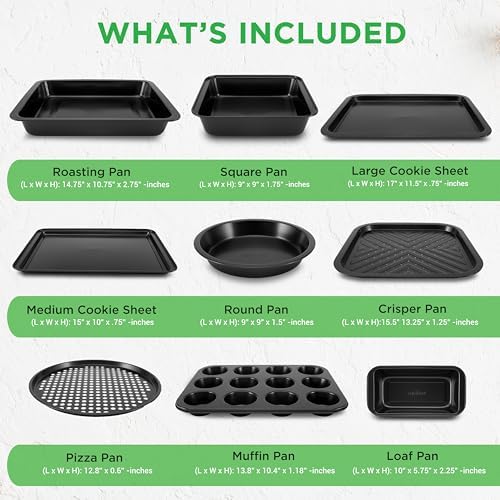 10-Piece Nonstick Bakeware Set - PFOA PFOS PTFE Free Food Grade Safe Carbon Steel Baking Tray Set - Oven Safe Up to 446°F, Pizza, Loaf, Muffin, Round/Square Pans, Cookie Sheet, Etc - NutriChef NCBS10S - Image 2