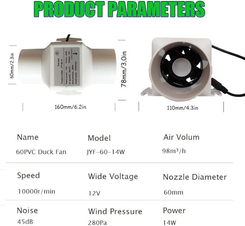 14W 2.3Inches Duct Inline Fan 60mm Mini Intake Fume Extractor Low Noise 57CFM - Image 2