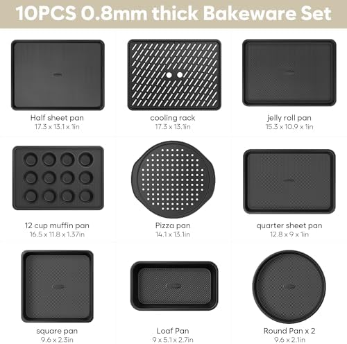 10-Piece Nonstick Bakeware Set, 0.8MM Thick Carbon Steel Baking Pan Set for Oven with Cookie Sheet, Muffin Pan, Pizza Pan, Loaf Pan and Cooling Rack, Stackable Kitchen Baking Set, PFOA/PTFE Free - Image 2