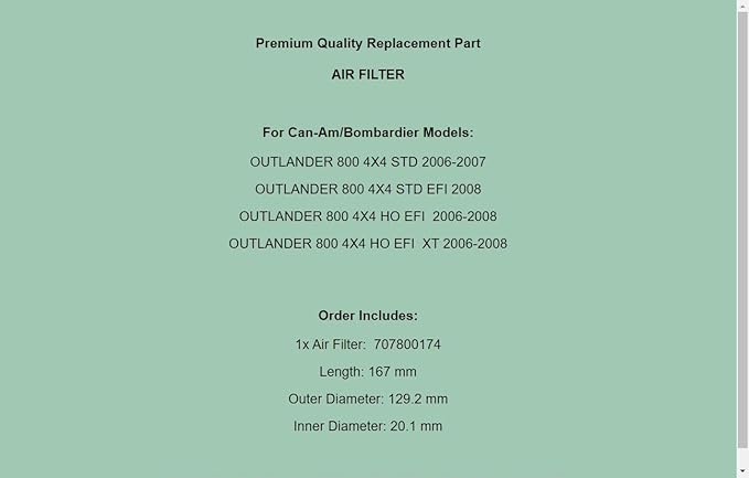 Replacement Air Filter For Can-Am Bombardier Outlander 800 4X4 Std Xt 2006-2008 - Image 7