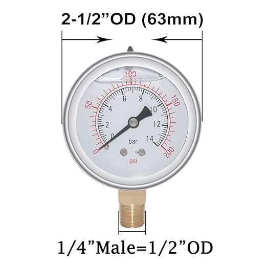Joywayus Pressure Gauge 0-200 PSI Brass 1/4" NPT Male Thread Lower Mount - Image 2