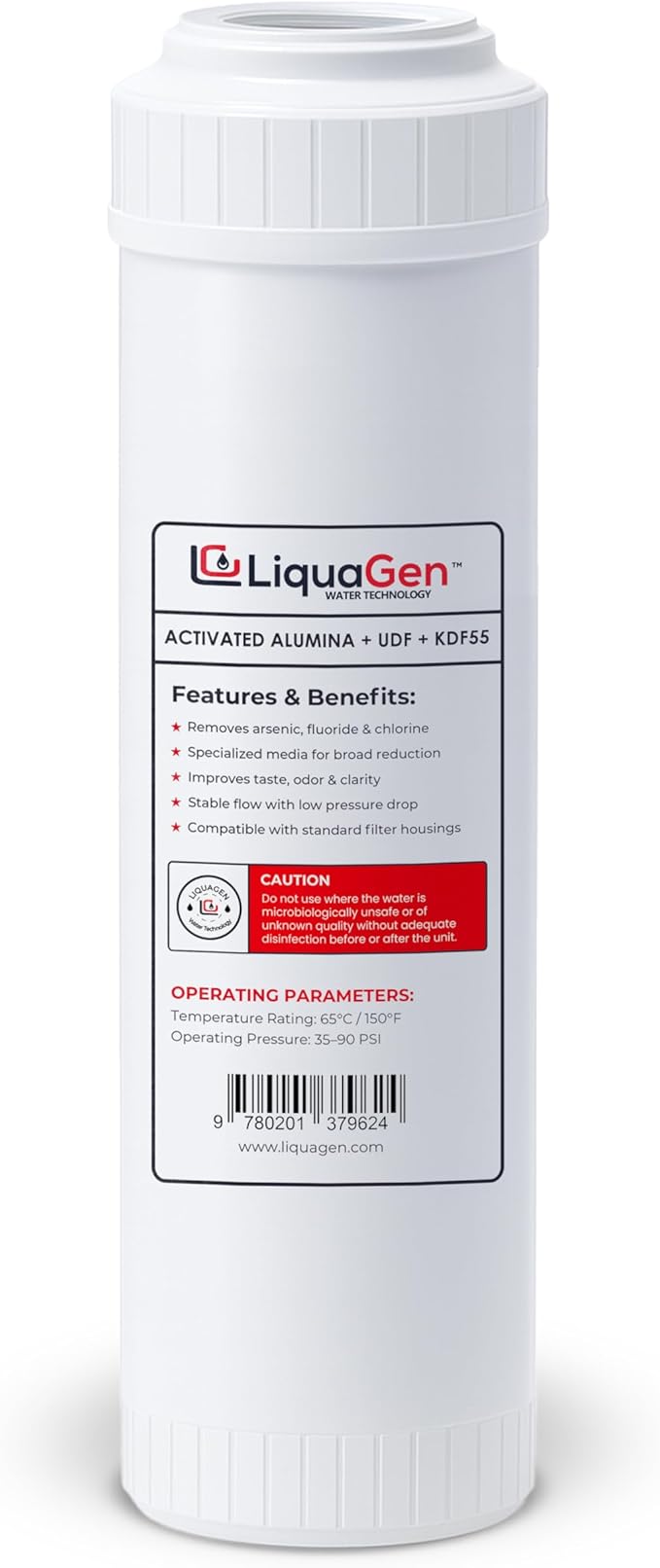 LiquaGen Activated Alumina + Carbon + KDF-55 Replacement Water Filter Cartridge by LiquaGen