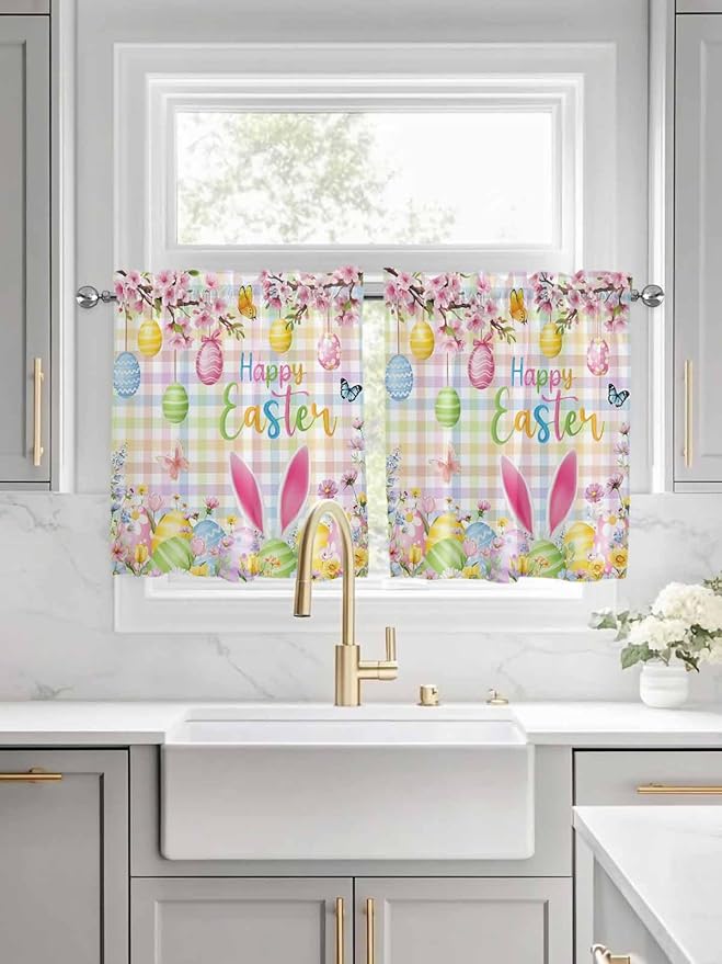 Happy Easter Half Window Curtain 36 Inches Long, Spring Bunny Colorful Eggs - Image 3