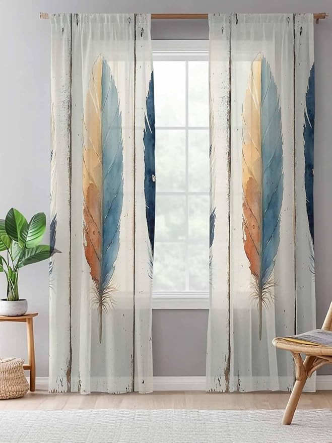 Sheer Curtains 84 Inches Long, Boho Ombre Vintage Wooden Grain Privacy Voile - Image 5