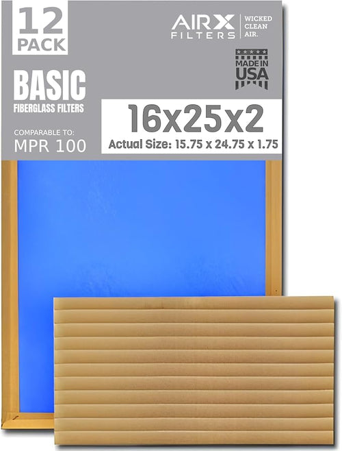 16x25x2 Air Filter Comparable to MPR 100 Basic Economy Furnace Filters by AIRXFILTERSWICKEDCLEANAIR