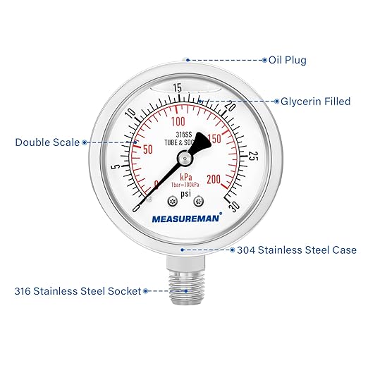 MEASUREMAN Fully Stainless Steel Hydraulic Glycerin Filled Pressure Gauge - Image 3
