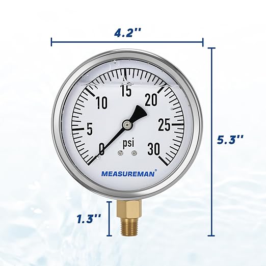 MEASUREMAN Glycerin Filled Plumbing Pressure Gauge 0-30psi Stainless Steel Case - Image 6