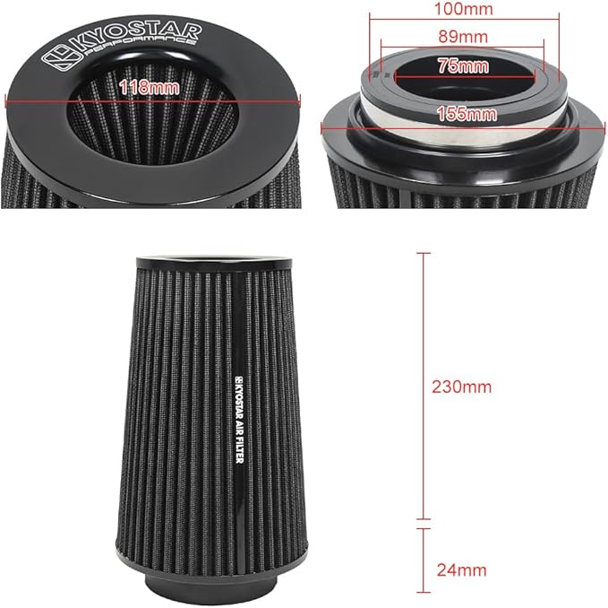Universal 3/3.5/4" High-Flow Air Filter, Reusable Cone Cold Air Intake - Image 2