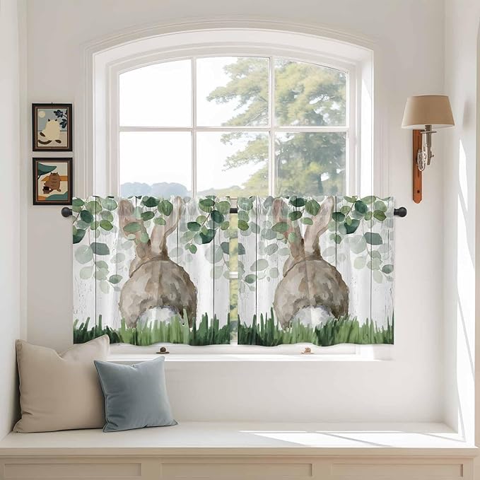 Easter Tier Curtains, Country Rabbit Botanical Leaves Wooden Grain Light - Image 3