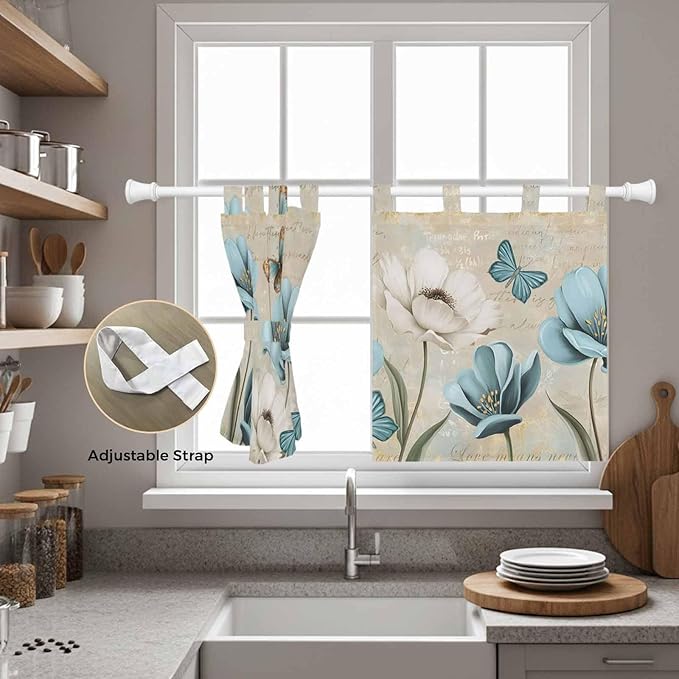 Spring Flowers Kitchen Curtains 24 Inch Length, Small Window Curtains Tab Top - Image 5
