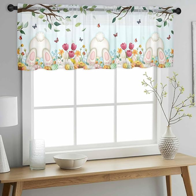 Easter Sheer Valances for Windows 42"x18", Light Filtering Kitchen Curtains - Image 2
