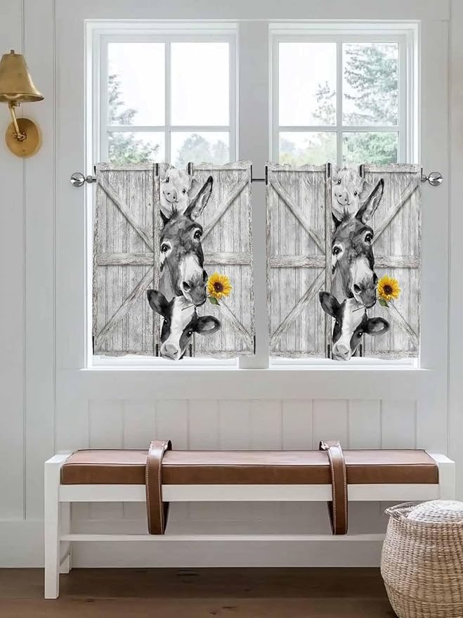 Grey Farmhouse Half Window Curtains 24 Inches Long, Vintage Sunflowers Animals - Image 4