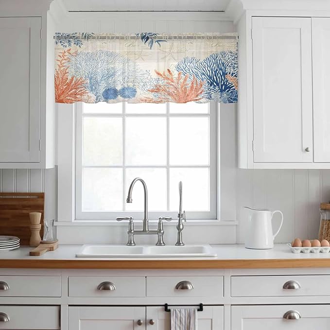 Ocean Corals Sheer Valance Curtains, Summer Beach Coral Sea Stars Retro Texture - Image 2