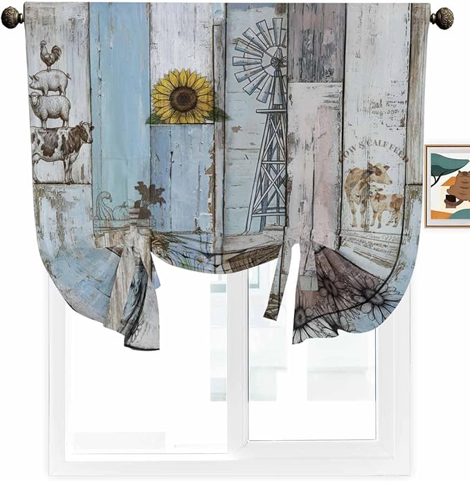 Tie Up Curtains for Windows, Farmhouse Barn Sunflowers Retro Privacy Curtains - Image 2