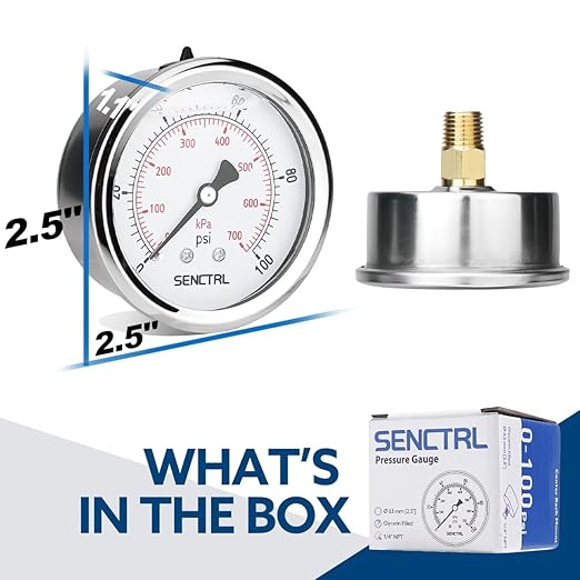 SENCTRL 0-100 Psi Glycerin Liquid Filled Low Pressure Gauge, 2.5" Dial Size - Image 6
