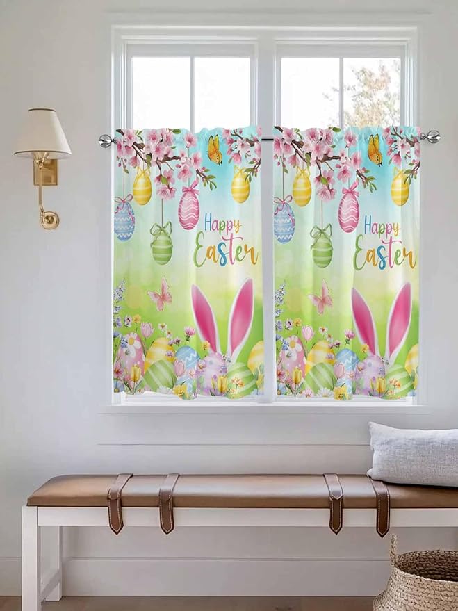 Easter Kitchen Curtains 45 Inches length, Spring Bunny Colorful Rabbit Eggs - Image 4