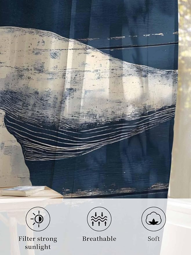 Sheer Curtains 96 Inches Long, Ocean Vintage Whale Semi Sheer Curtains Light - Image 6