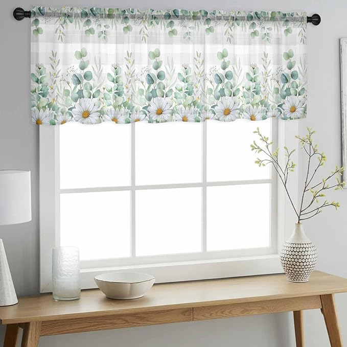 Eucalyptus Leaves Daisy Sheer Valance Curtains, Summer Farmhouses Gray Plaid - Image 3