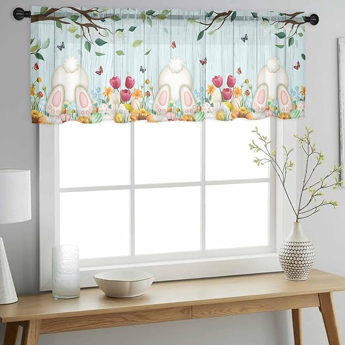 Easter Sheer Valances for Windows 42"x18", Light Filtering Kitchen Curtains - Image 2