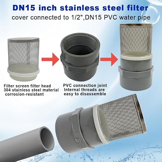 1/2" inch stainless steel filter cover connected to 1/2" grey pvc filter DN15 - Image 3