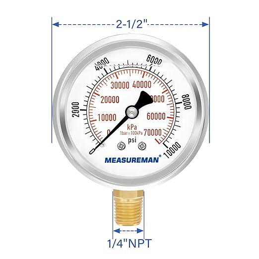 MEASUREMAN 2-1/2" Dial Size, Glycerin Filled Pressure Gauge, 0-10000psi/kpa - Image 7