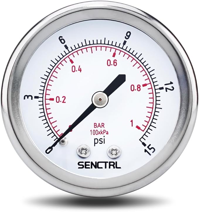 SENCTRL 0-15 Psi Low Pressure Gauge, 1/4 NPT Back Mount, Waterproof, Stainless by senctrl
