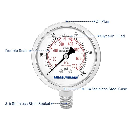 MEASUREMAN Pressure Gauge 1/4 NPT, 0-100psi/kPa Fully Stainless Steel Hydraulic - Image 3