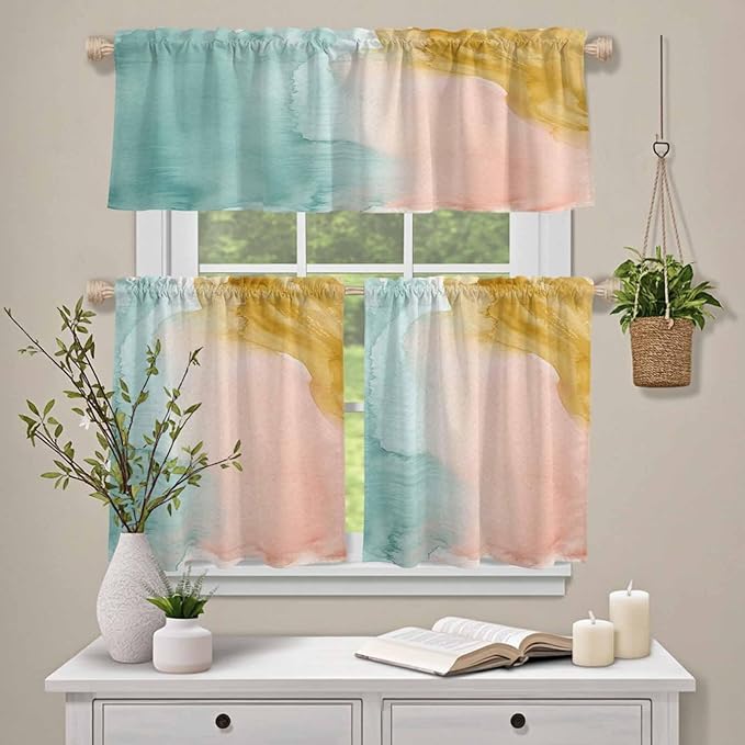 Kitchen Window Curtains Valance and Tier Set, Abstract Desert Mountains Rod - Image 4