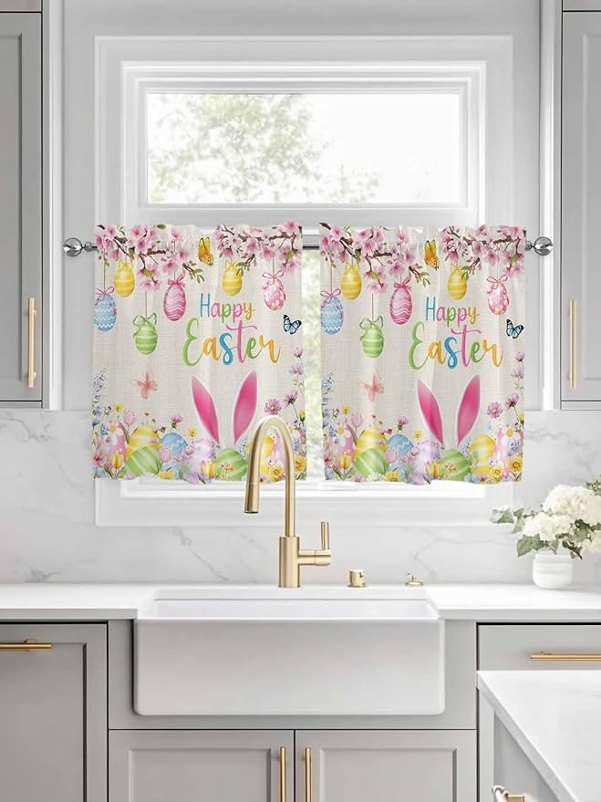 Happy Easter Half Window Curtain 36 Inches Long, Spring Farmhouse Bunny Eggs - Image 3