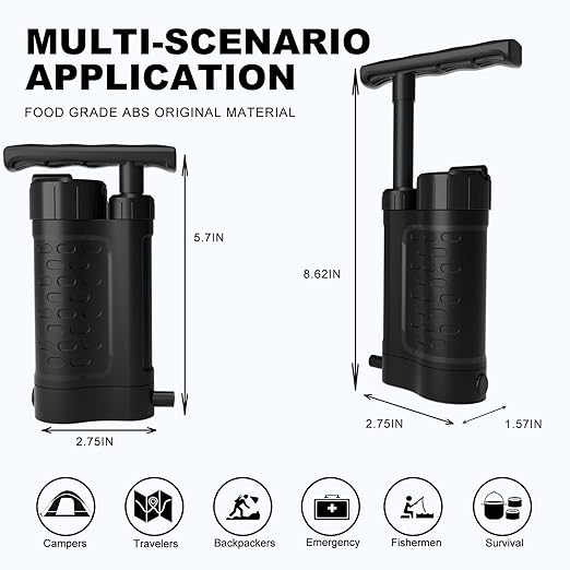 Portable Water Filter Pump, 0.01 Micron Manual Survival Water Purifier - Image 5