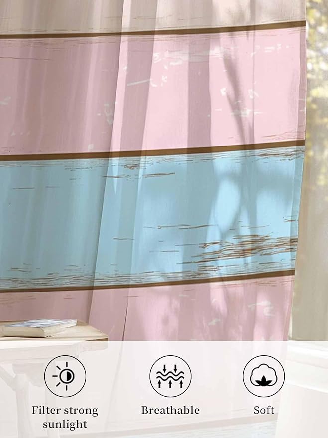 Sheer Curtains 72 Inches Long, Farmhouse Country Shabby Striped Privacy Voile - Image 6