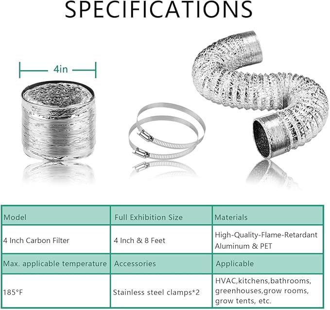 Ventilation Kit, 4 Inch Inline Fan 200 CFM Exhaust Blower, 4 Inch Carbon Fiber - Image 4