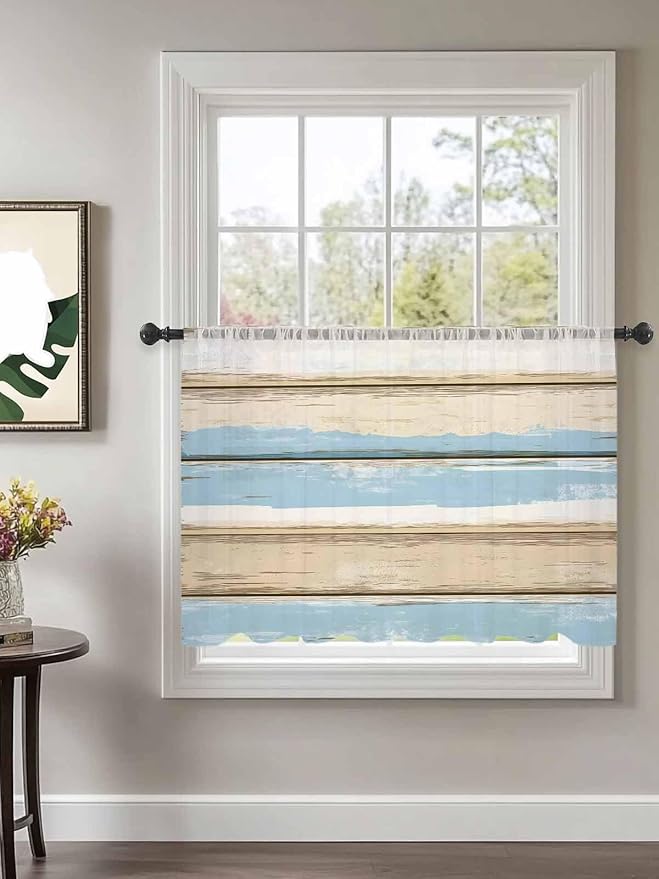 Sheer Curtains 45 Inch Length, Vintage Geometric Blue Semi Sheer Curtains Light - Image 2