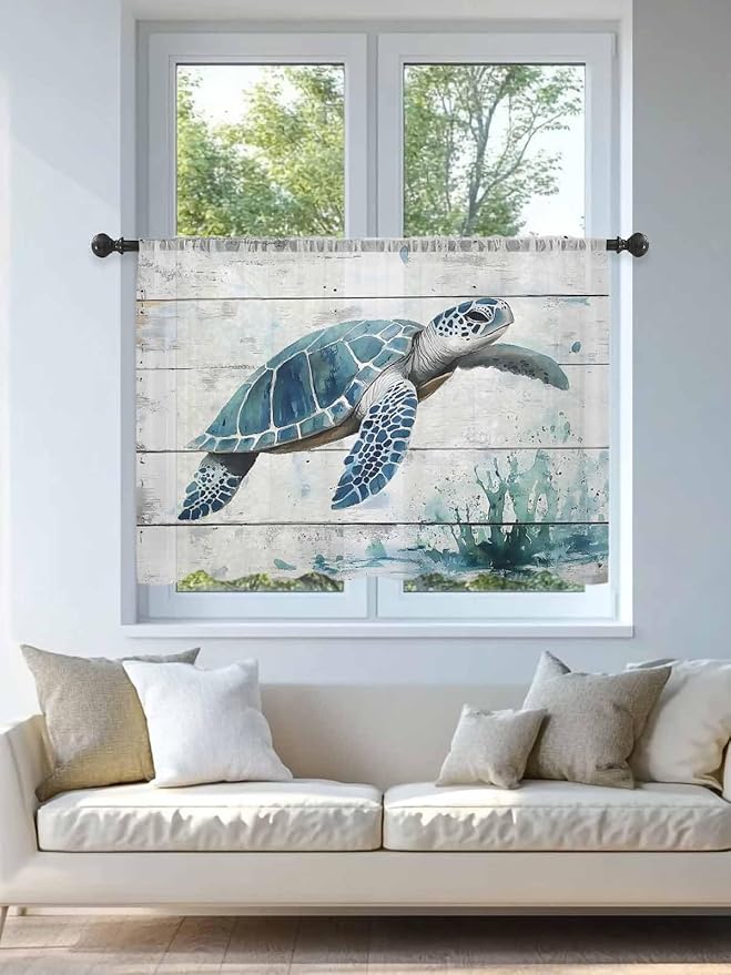 Sheer Curtains 54 Inch Length, Teal Green Sea Turtle Semi Sheer Curtains Light - Image 4