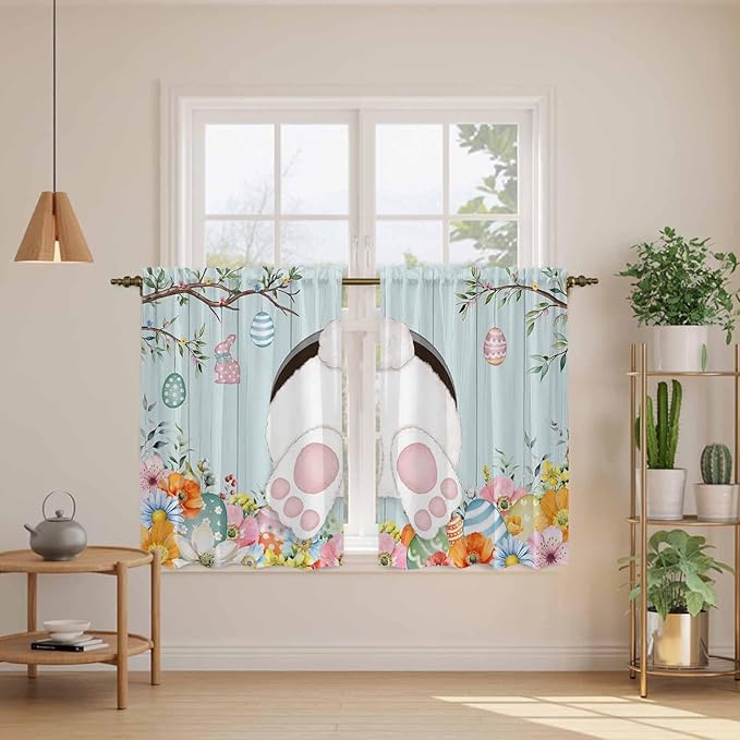 Easter Bunny Kitchen Curtains 45 Inch Long 2 Panel Set, Rod Pocket Window - Image 3