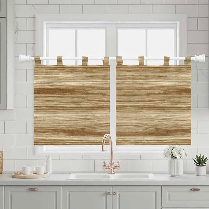 Light Brown Wood Grain Kitchen Curtains 36 Inch Length, Small Window Curtains - Image 3