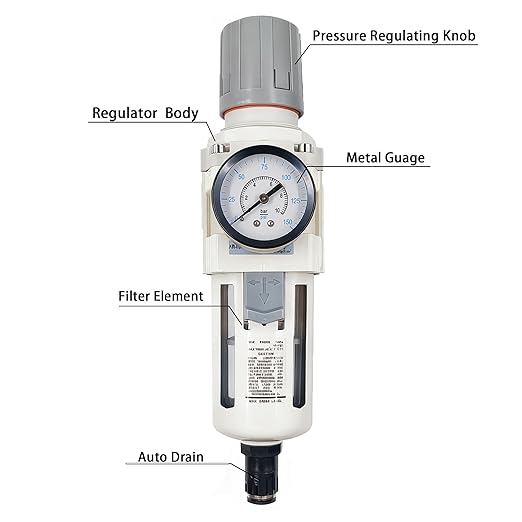XingNEeng 1/2" NPT Compressed Air Filter Regulator Combo Piggyback, Water/Oil - Image 2