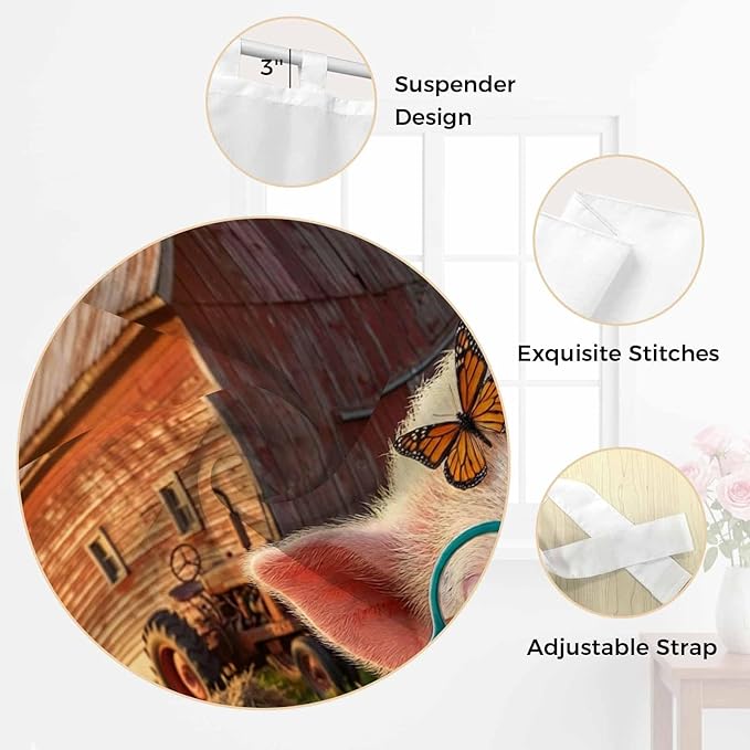 Farm Pig Kitchen Curtains 24 Inch Length, Small Window Curtains Tab Top - Image 6