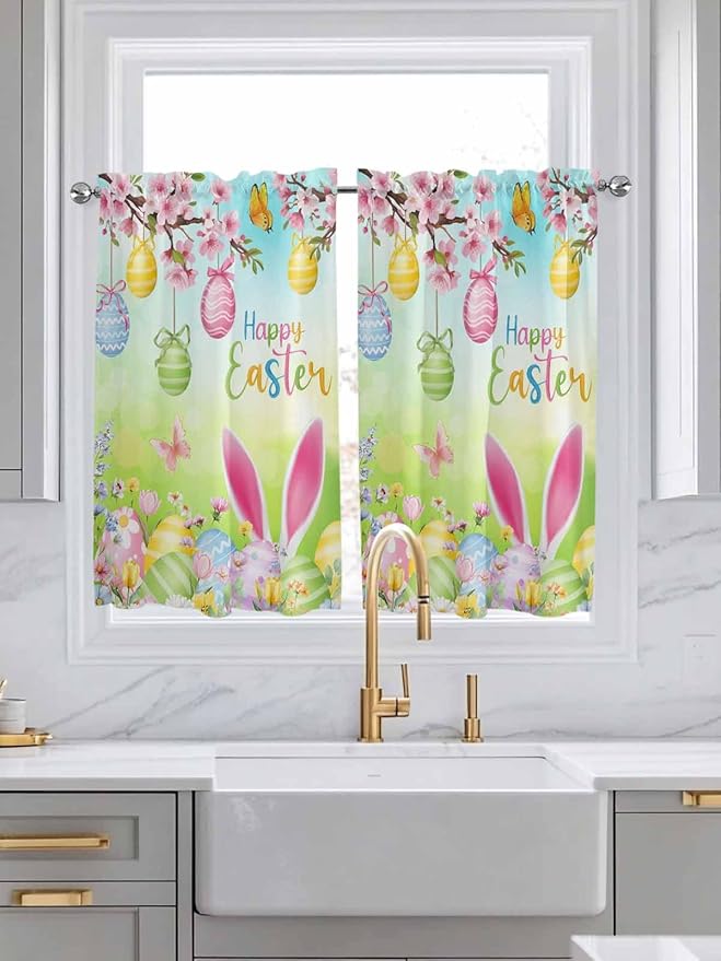 Easter Tier Curtains 45 Inches Long, Spring Bunny Colorful Rabbit Eggs - Image 3
