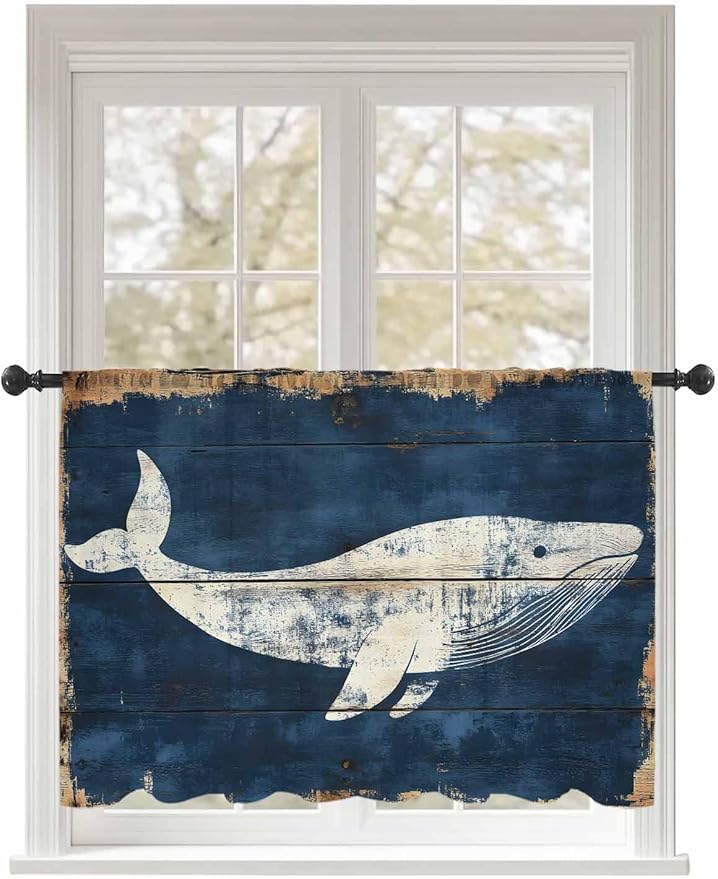 Sheer Curtains 54 Inch Length, Ocean Whale Blue Semi Sheer Curtains Light by Unknown