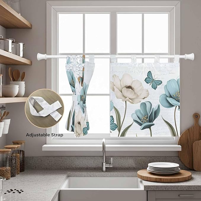 Blue Tulips Kitchen Curtains 36 Inch Length, Small Window Curtains Tab Top - Image 5