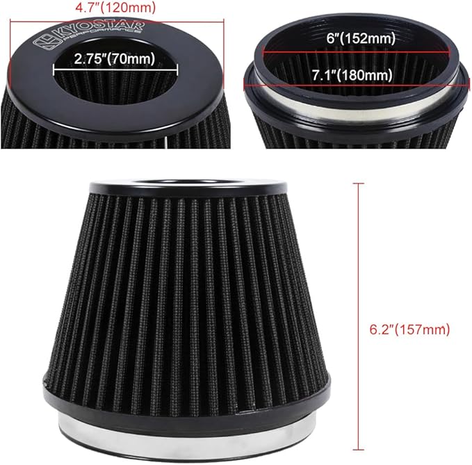 KYOSTAR Universal 6" High-Flow Air Filter, Reusable Cone Cold Air Intake - Image 2