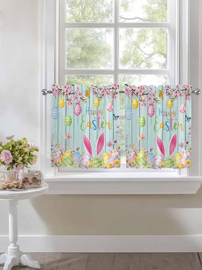 Happy Easter Half Window Curtains 24 Inches Long, Spring Bunny Eggs Flower Teal - Image 7