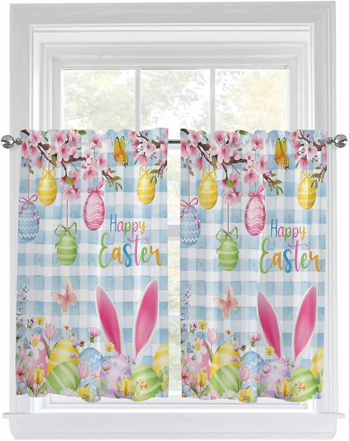 Happy Easter Kitchen Curtains 45 Inches length, Spring Watercolor Bunny Eggs by Unknown
