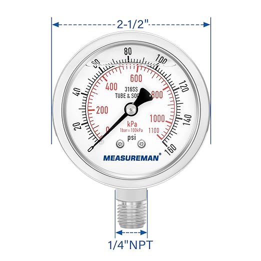 MEASUREMAN Fully Stainless Steel Hydraulic Glycerin Filled Pressure Gauge - Image 7