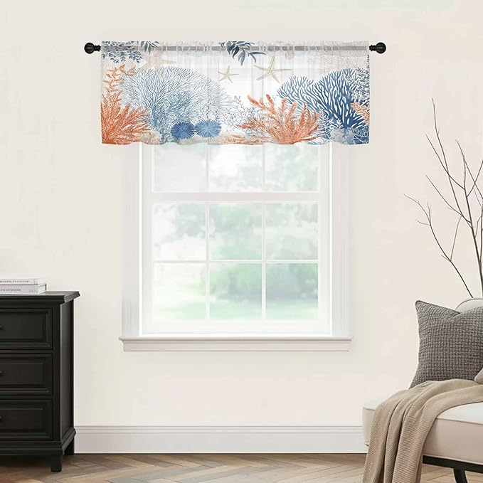 Ocean Corals Sheer Valance Curtains, Summer Beach Coral Sea Stars Light - Image 5