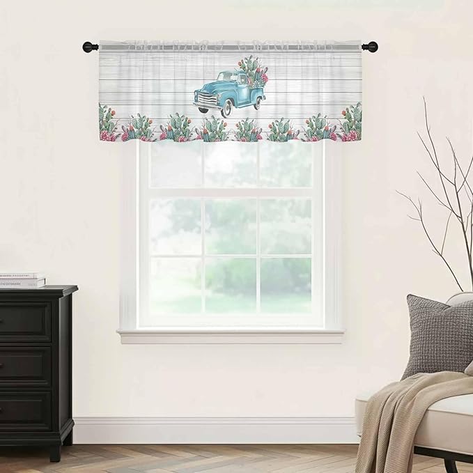 Farmhouse Sheer Valance Curtains, Summer Blue Car - Image 5