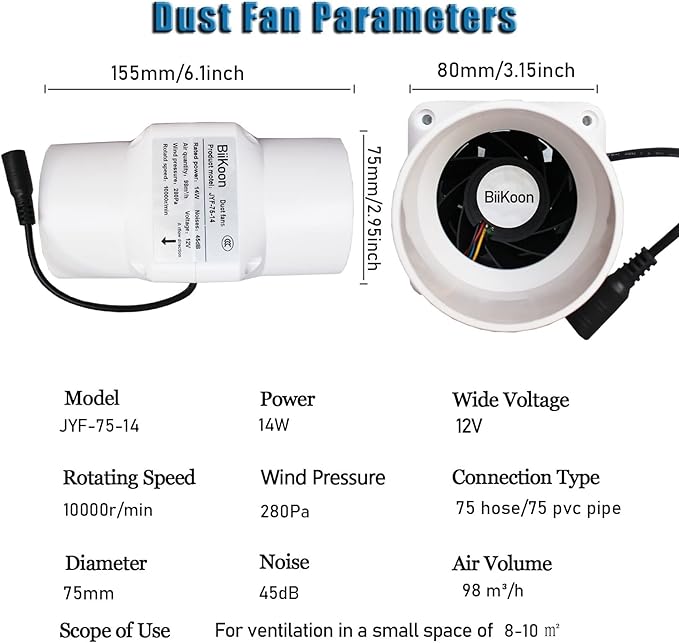 12V Inline Duct Fan 3 Inch Vent Booster 14W HVAC Exhaust Intake Fans 58Cfm Air - Image 2