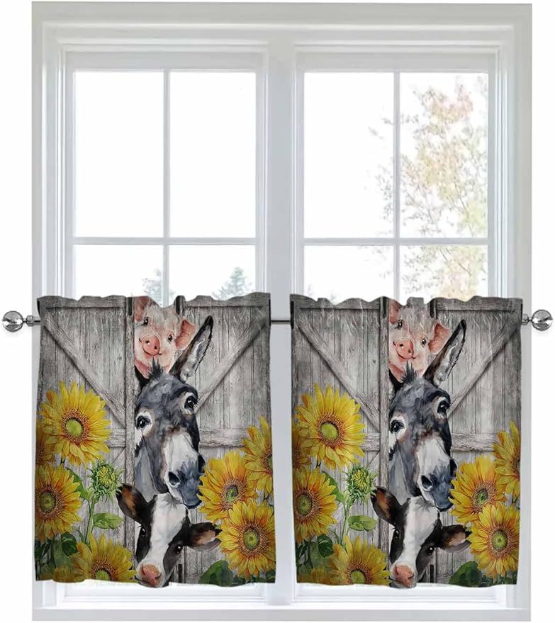 Farmhouse Half Window Curtains 24 Inches Long, Vintage Sunflowers Animals by Unknown